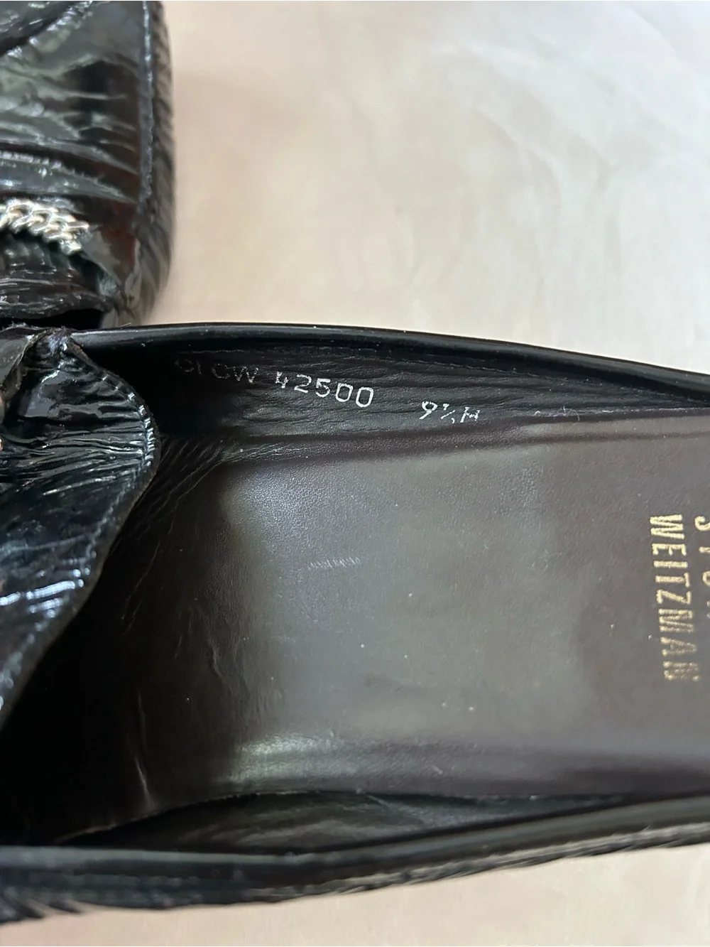 Stuart Weitzman Black Patent Leather Chain Loafers